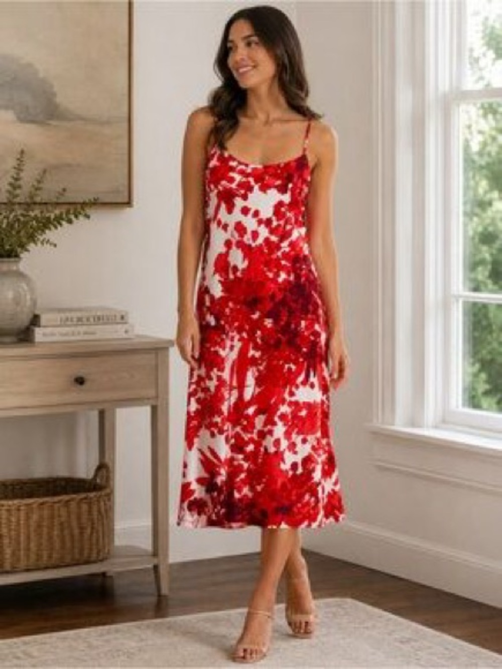 Natori Vintage Floral Slip Midi Dress Red White Size XL